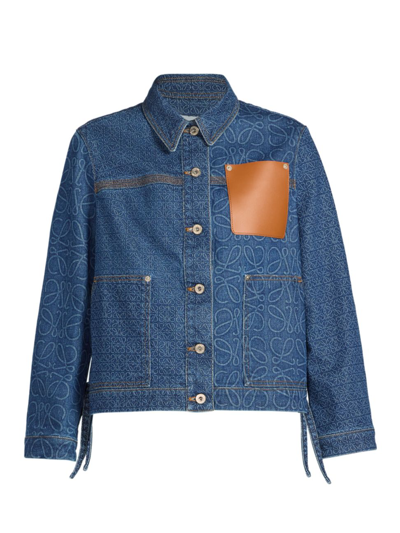 Leather-trimmed Two-tone Denim Jacket In Blue