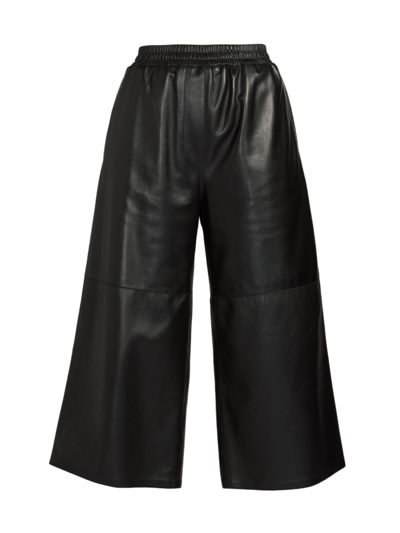 Shop Loewe Women's Leather Cropped Wide-leg Trousers In Black