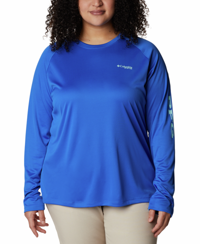 Shop Columbia Plus Size Pfg Tidal Tee Ii Omni-shade T-shirt In Blue Macaw/gulf Stream Logo