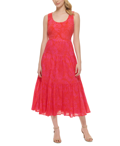 Shop Tommy Hilfiger Women's Cotton Palm-print Midi Dress In Orange/ Pink