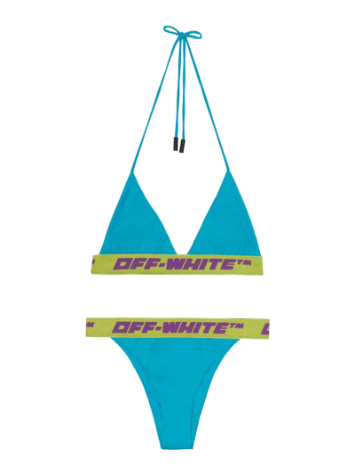 Shop Off-white Bikini Logoed Band Swimsuit In Celeste
