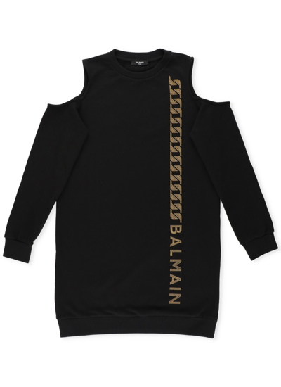 Shop Balmain Cotton Dress In Black/gold