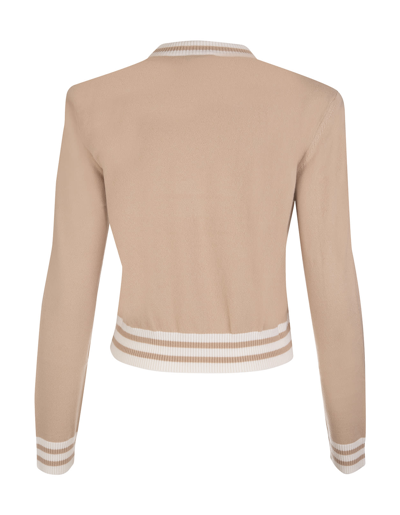 Shop Balmain Woman Short Sand Sweater In Wool Blend With White Logo In Sabbia/bianco