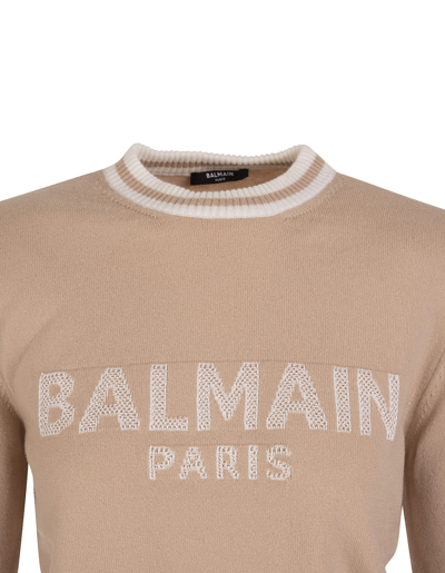 Shop Balmain Woman Short Sand Sweater In Wool Blend With White Logo In Sabbia/bianco