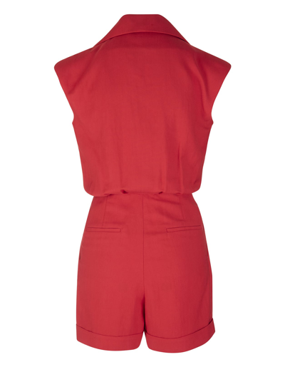 Shop Balmain Short Red Jumpsuit With Golden Embossed Buttons In Rouge
