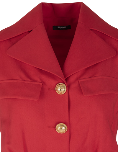 Shop Balmain Short Red Jumpsuit With Golden Embossed Buttons In Rouge
