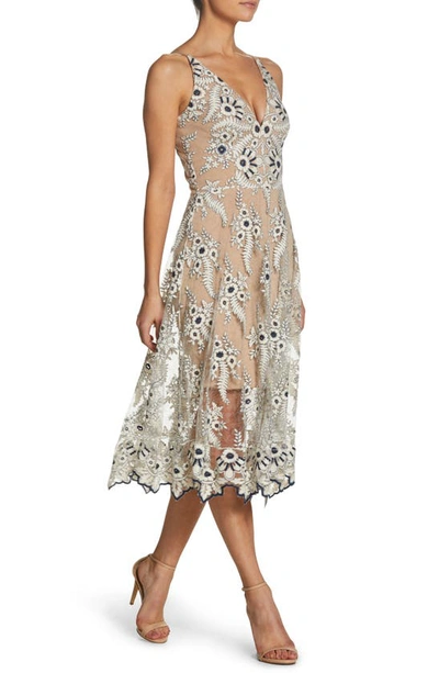Shop Dress The Population Audrey Embroidered Midi Dress In Ivory/ Navy