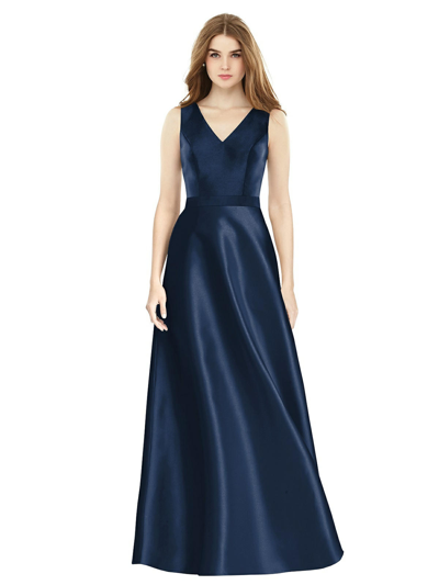 Shop Alfred Sung Sleeveless A-line Satin Dress With Pockets In Blue