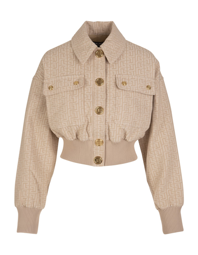 Shop Balmain Beige Woman Bomber Jacket With  Monogram