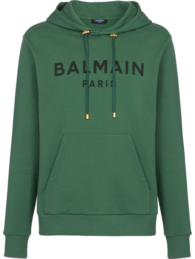 Shop Balmain Logo-print Drawstring Hoodie In Green