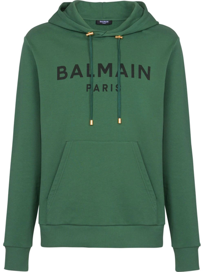 Balmain Mans Green Cotton Hoodie With Logo Print In Green
