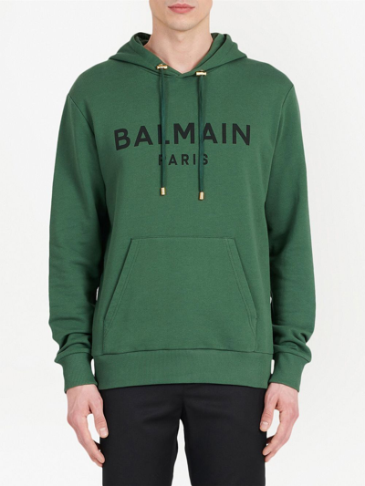 Shop Balmain Logo-print Drawstring Hoodie In Green