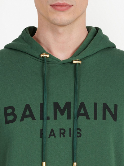 Balmain Mans Green Cotton Hoodie With Logo Print In Green