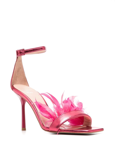 Shop Liu •jo Feather-detail 100mm Heel Sandals In Pink