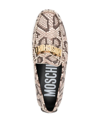 Shop Moschino Faux-snakeskin Loafers In Brown