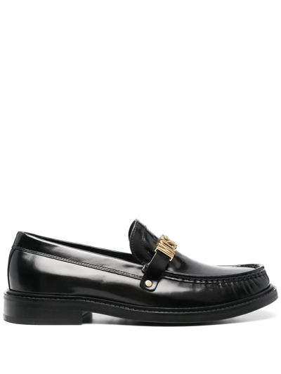 Shop Moschino Logo-plaque Leather Loafers In Black