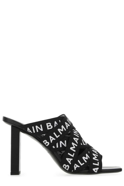 Shop Balmain High Block Heel Logo Strappy Sandals In Black