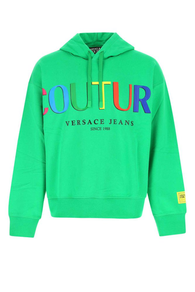 Shop Versace Jeans Couture Logo Printed Drawstring Hoodie In Green