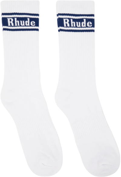 Shop Rhude White & Navy Stripe Logo Socks In White/navy