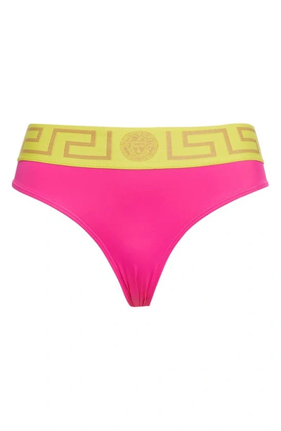Shop Versace Greca Border Bikini Bottoms In Fuchsia Yellow