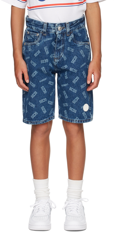Shop Gcds Kids Blue Denim Logo Shorts In 82227 Blu Denim