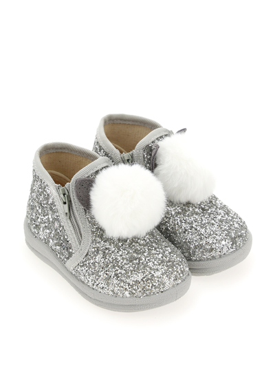 Shop Monnalisa Glitter Slippers With Pompoms In Silver Glitter