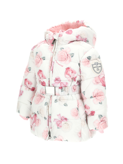 Shop Monnalisa Down Jacket With Rose And Perfume Print In Cream