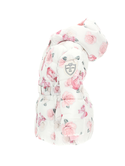 Shop Monnalisa Down Jacket With Rose And Perfume Print In Cream