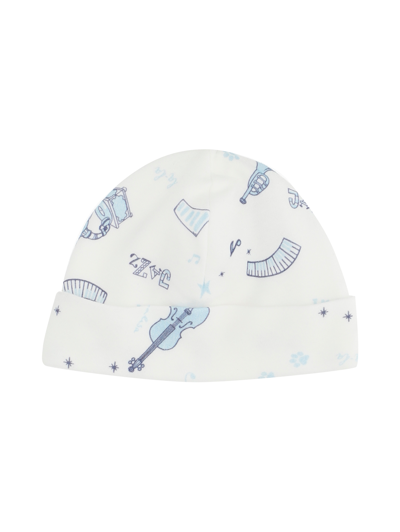 Monnalisa Cotton Bonnet With All-over Print In Cream White + Sky Blue