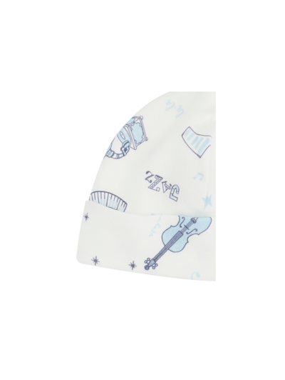 Monnalisa Cotton Bonnet With All-over Print In Cream White + Sky Blue