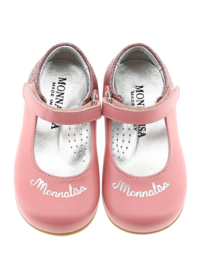 Shop Monnalisa Glitter Nappa Ballet Flats With Logo In Blush Pink