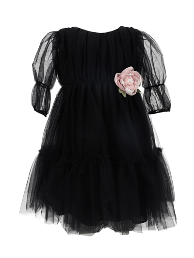 Shop Monnalisa Tulle Dress With Maxi Rose In Black