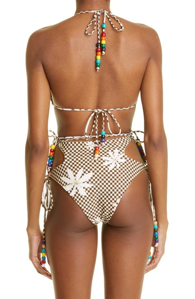 Shop House Of Aama Beaded Checkerboard Print Cutout Two-piece Swimsuit In Oat/ Brown