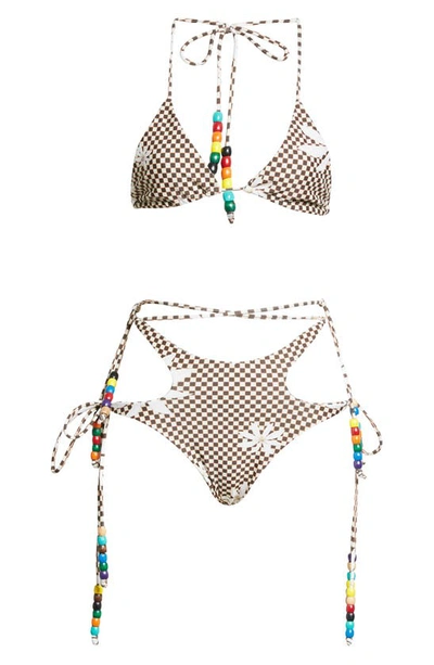 Shop House Of Aama Beaded Checkerboard Print Cutout Two-piece Swimsuit In Oat/ Brown