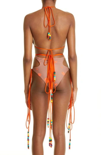 Shop House Of Aama Beaded Two-piece Swimsuit In Brown/ Orange