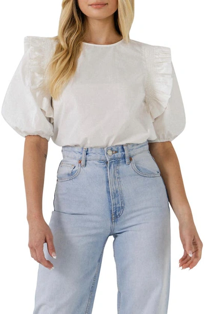 English Factory Bow Banded Puff Sleeve Blouse In White