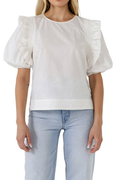 English Factory Bow Banded Puff Sleeve Blouse In White