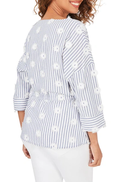 Foxcroft Marina Sea Stripe Embroidered Top In Malibu Blue