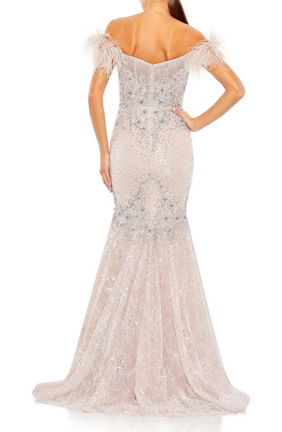 Shop Mac Duggal Beaded Feather Trim Off The Shoulder Mermaid Gown In Lilac