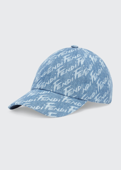 Shop Fendi Logo Denim Baseball Cap In Blue