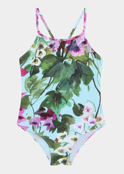 Shop Dolce & Gabbana Girl's Azurra Floral One-piece Swimsuit In Campanule Fdoazzu