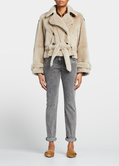 Brunello Cucinelli Shearling Double-breasted Self-tie Jacket In Mastice |  ModeSens