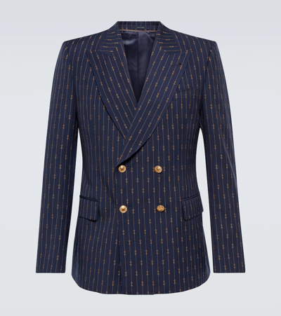 Shop Gucci Horsebit Double-breasted Suit Jacket In Bluette/beige
