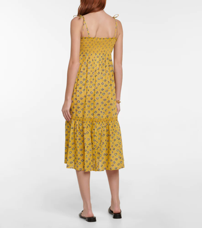 Shop Tory Burch Floral Shirred Cotton Dress In Yellow Garden Rose