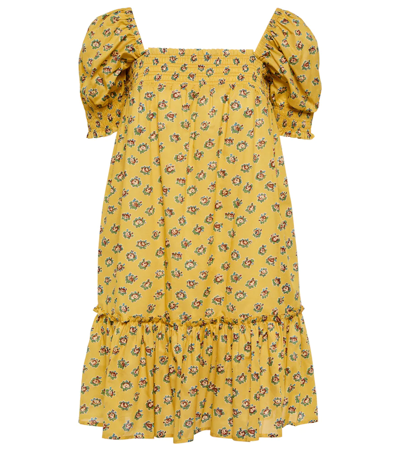 Shop Tory Burch Floral Shirred Cotton Dress In Yellow Garden Rose