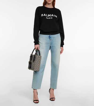 Shop Balmain Logo Cotton Jersey Sweatshirt In Eab Noir/blanc