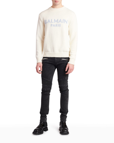 Shop Balmain Men's Wool Logo Sweater In Black/white