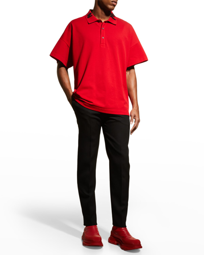 Shop Alexander Mcqueen Men's Oversized Graffiti-collar Polo Shirt In Love Red