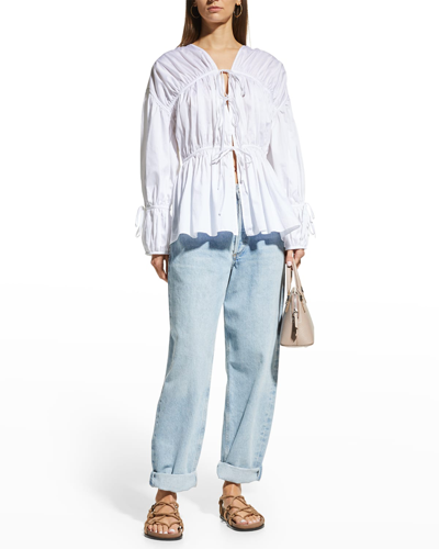 Shop Tove Cleo Ruched Long-sleeve Drawstring Top In White