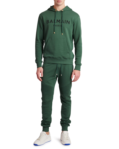 Shop Balmain Men's Logo-print Pullover Hoodie In Green/ Black